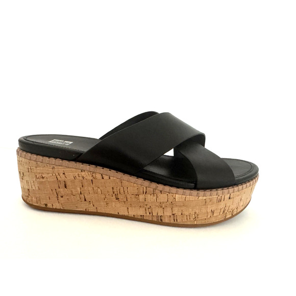 FitFlop Eloise Slide Sandals 11 Criss-Cross Black Leather Cork Wedge Comfort - Picture 1 of 12